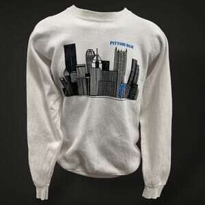 Vintage 1980s Pittsburgh Skyline Sweatshirt – White Crewneck  – Size Large